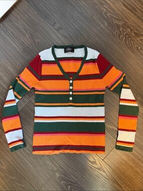 Cider Multicolor Striped V‑Neck Button Sweater